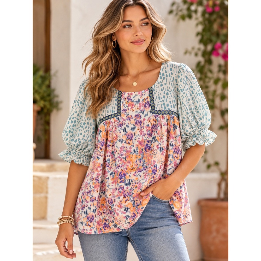 JODIFL Blouse Womens S Floral Mixed Print Puff Sleeve Boho Babydoll Oversized